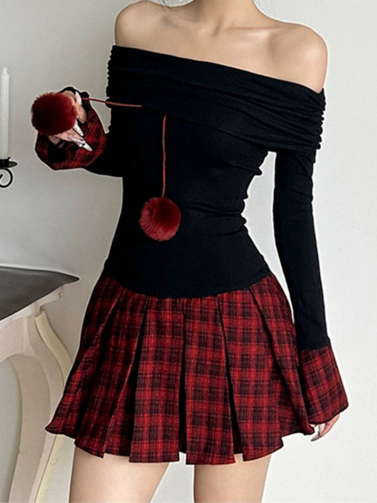 Abito plissettato a quadri con spalle scoperte nero anni '60