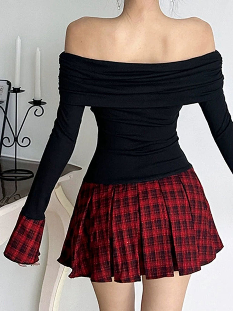 Abito plissettato a quadri con spalle scoperte nero anni '60