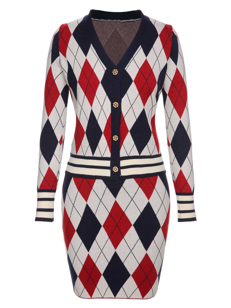 2PCS Cardigan e gonna lavorati a maglia e quadri anni '60