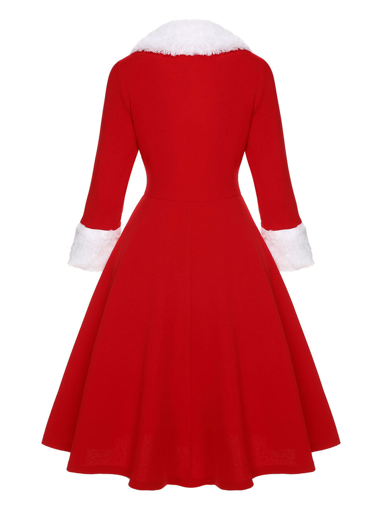 Abito con collo di pelliccia natalizio rosso e bianco anni '50