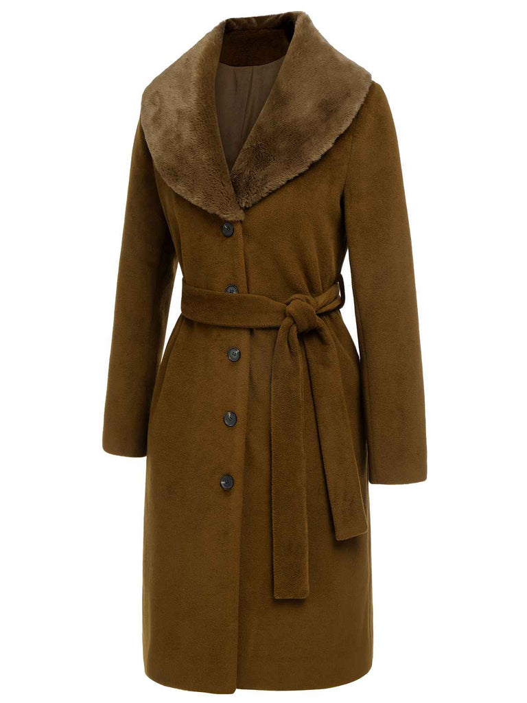 Cappotto con collo di pelliccia e cintura marrone anni '40