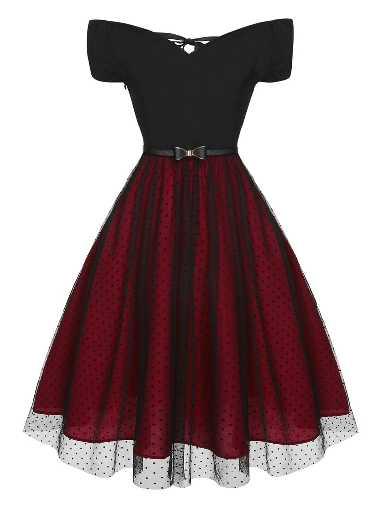 Abito con cintura a pois spalle scese bordeaux anni '50