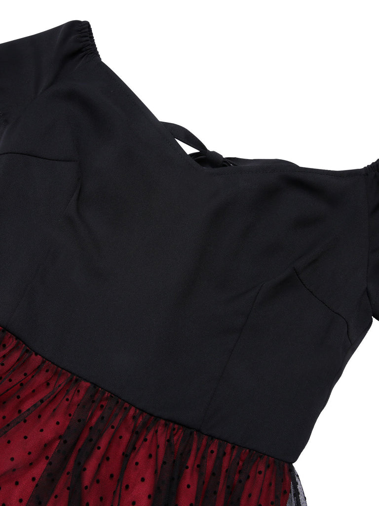 Abito con cintura a pois spalle scese bordeaux anni '50