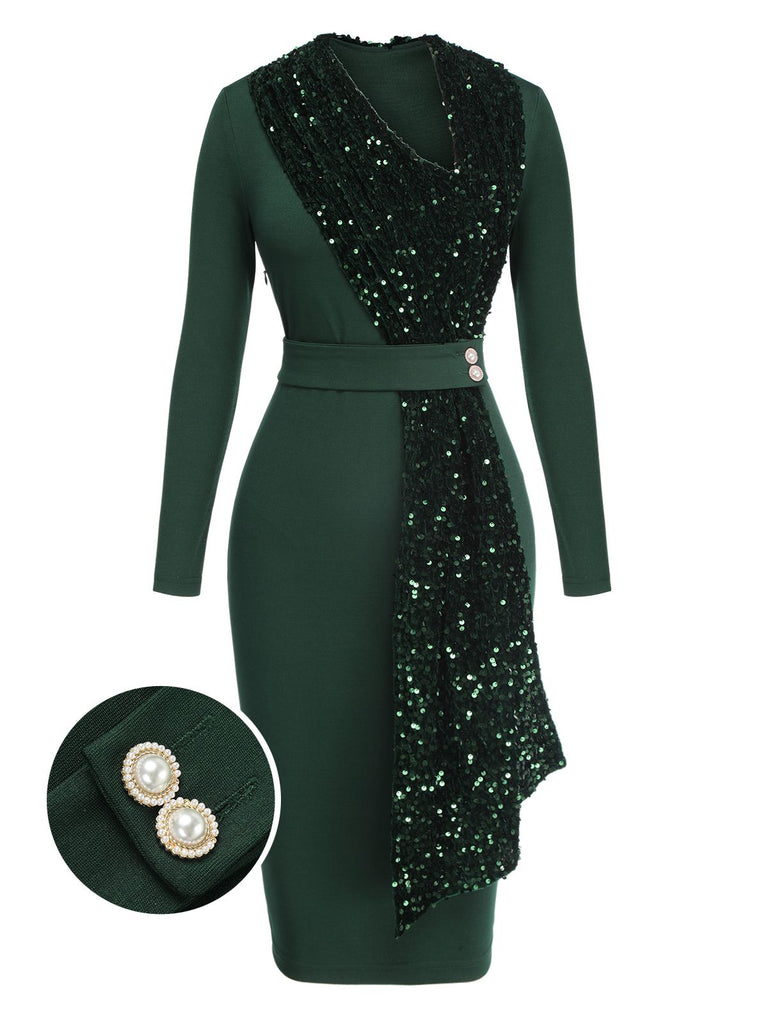 Abito glitterato con cintura e patchwork verde anni '60