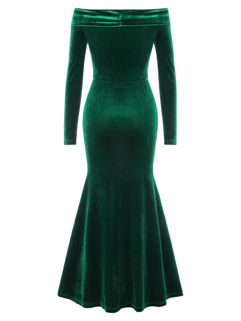 Abito da sirena in velluto e spalle scoperte verde anni '30