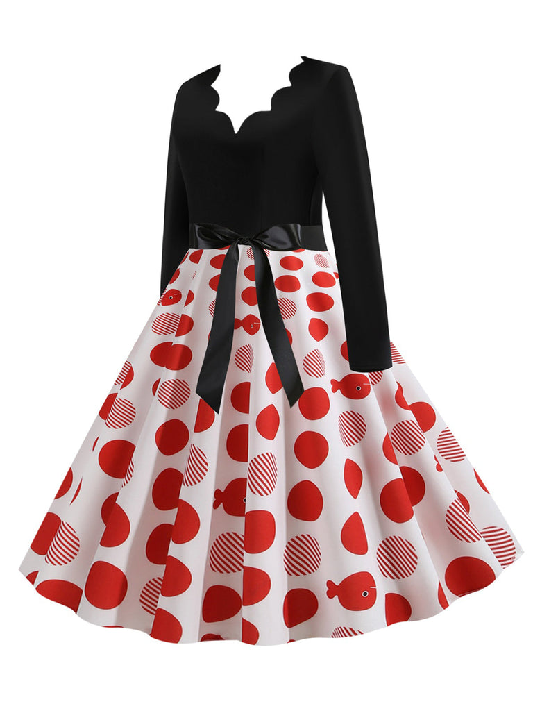 Abito a ruota a quadri con scollo a petal e maniche lunghe anni '50