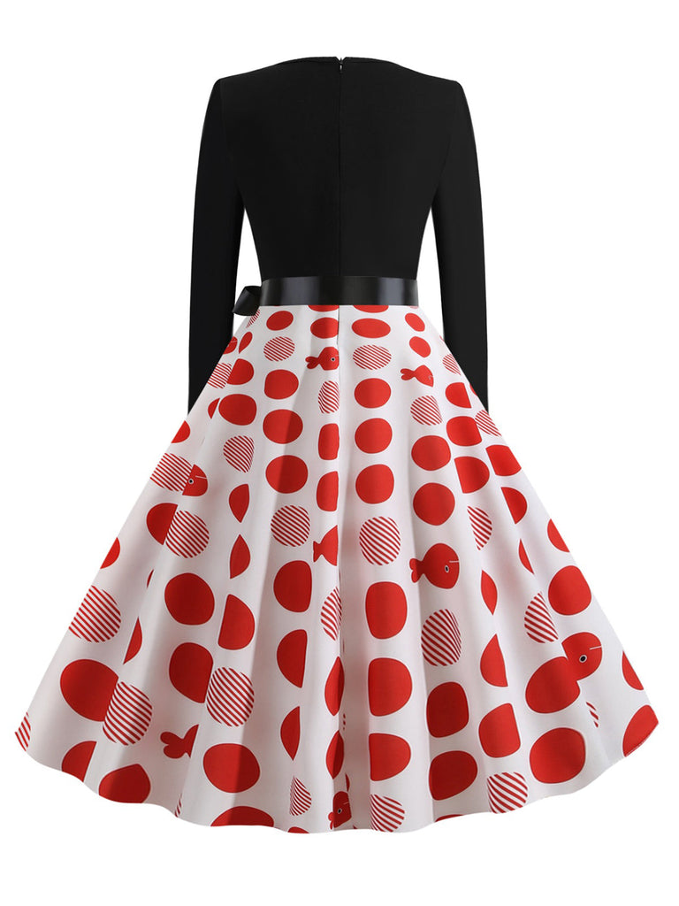 Abito a ruota a quadri con scollo a petal e maniche lunghe anni '50