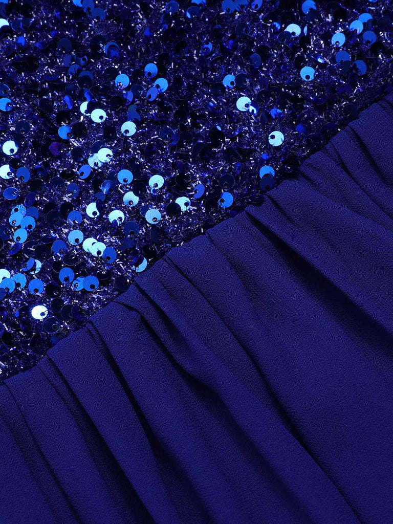 Abito lungo blu reale scollo a cuore paillettes anni '20