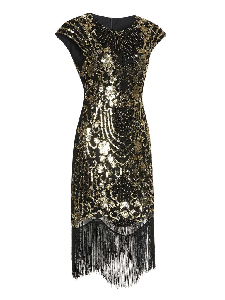 Abito nero maniche a cappuccio nappe paillettes anni '20