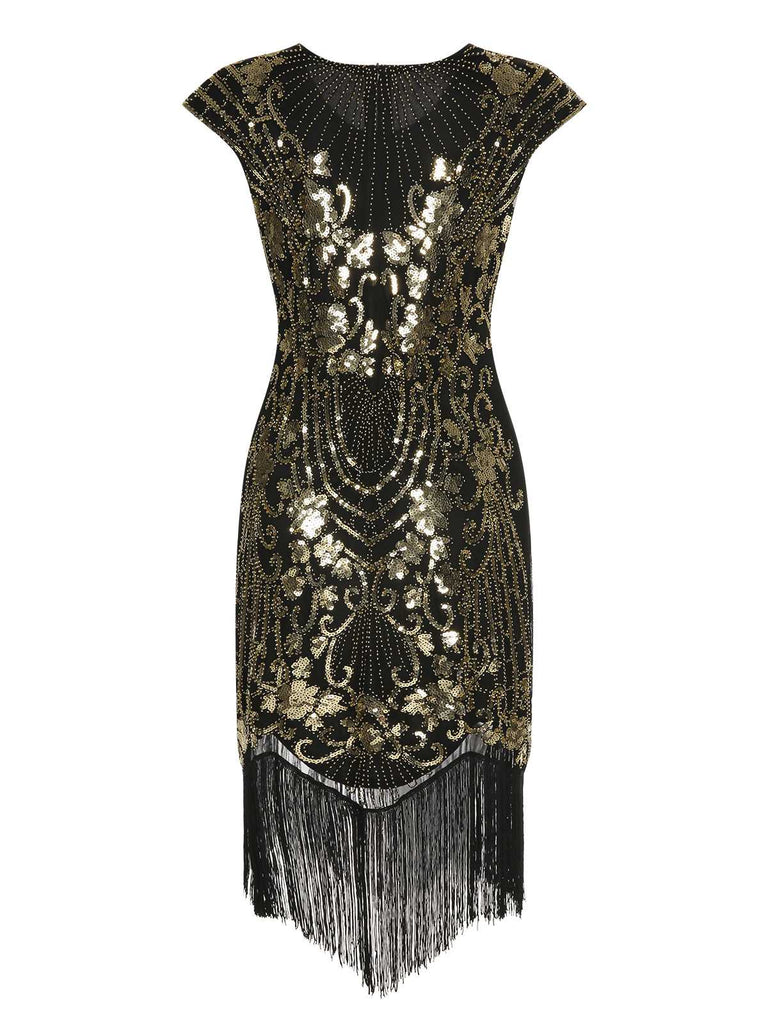 Abito nero maniche a cappuccio nappe paillettes anni '20
