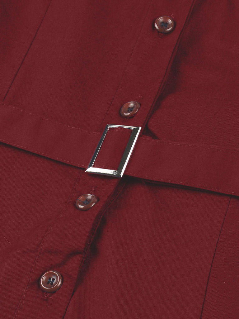 Abito con cintura e revers a tinta unita bordeaux anni '50