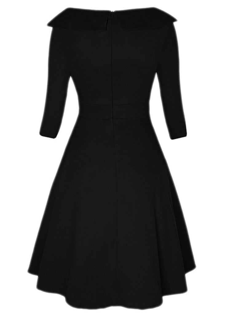 Abito patchwork a pois con ampio risvolto nero anni '50