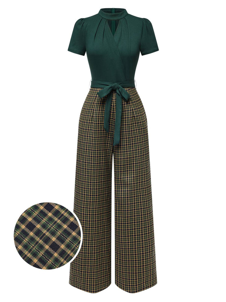 Tuta lunga plaid scollo a buco della serratura verde anni '30