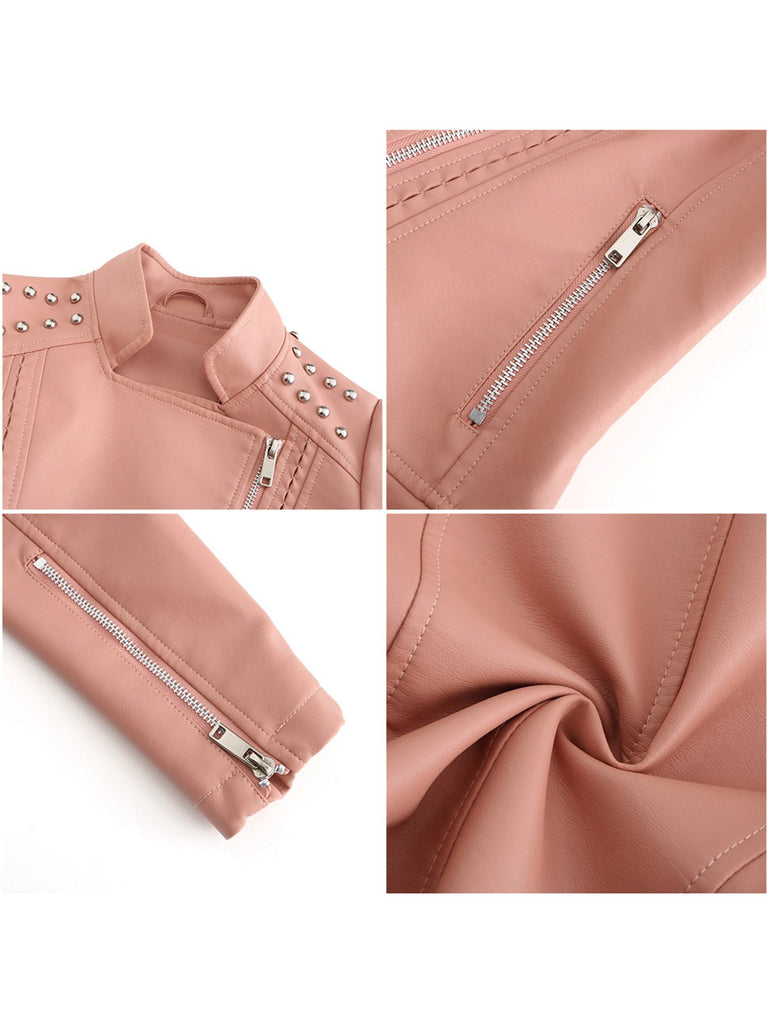 Giacca in pelle con risvolto tinta unita anni '80