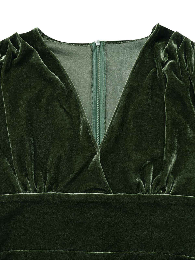 Abito in velluto perla scollo a V profondo verde anni '40