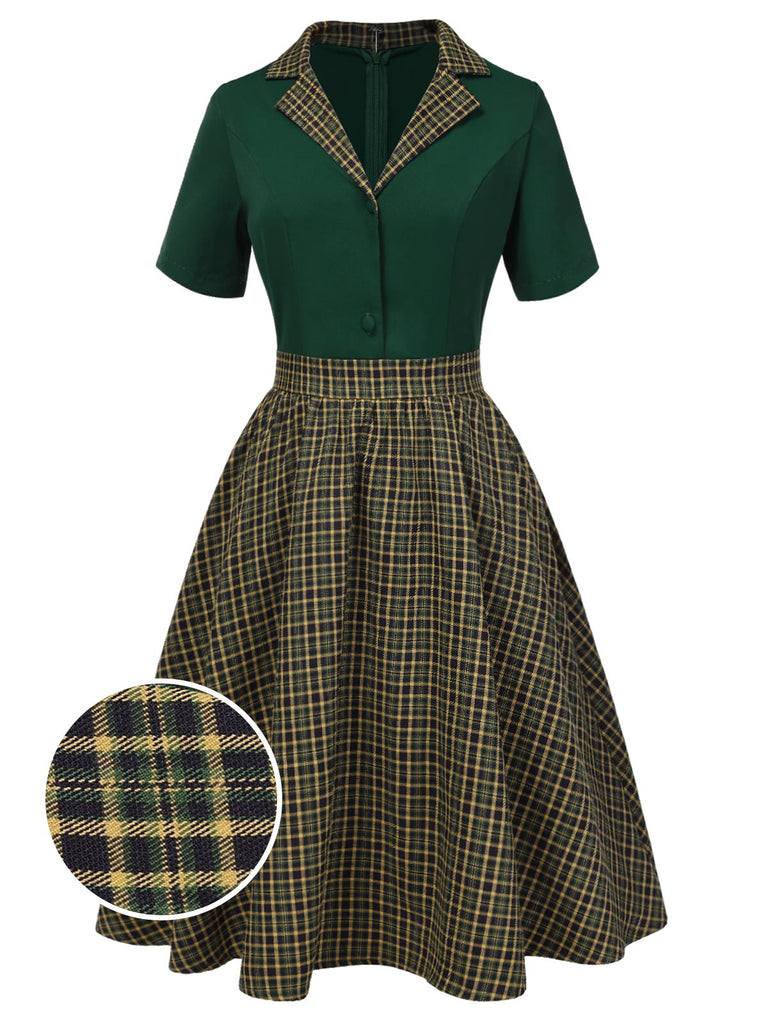 Abito patchwork plaid con revers verde anni '50