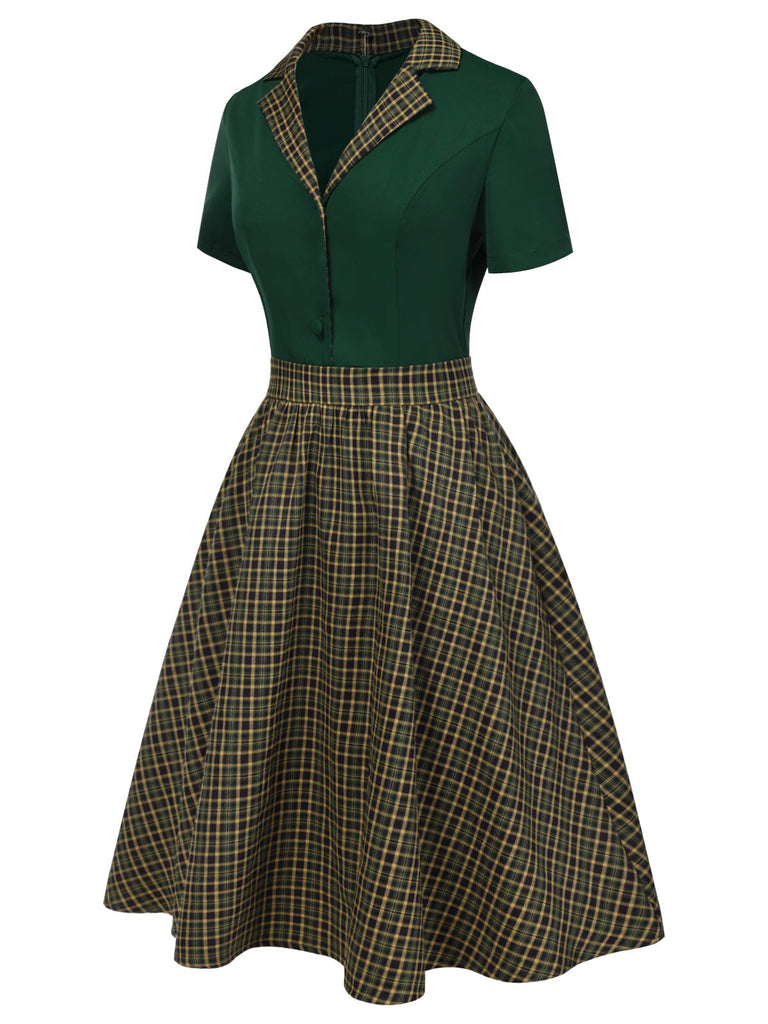 Abito patchwork plaid con revers verde anni '50