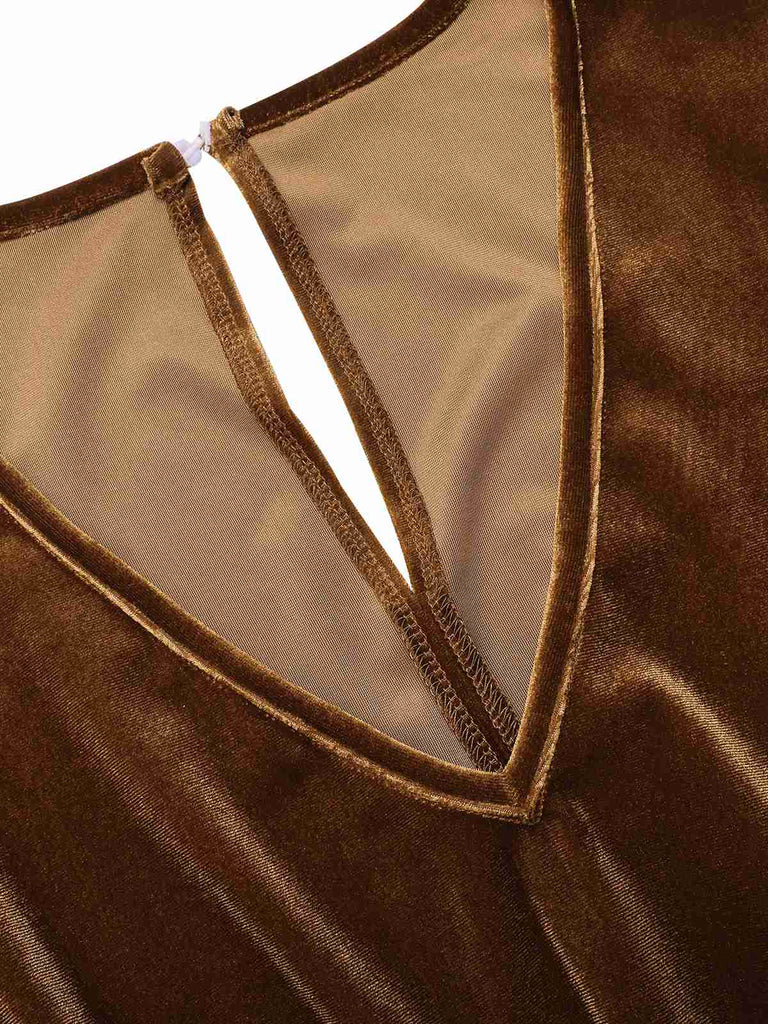 Tuta lunga in velluto con scollo a V marrone scuro anni '30