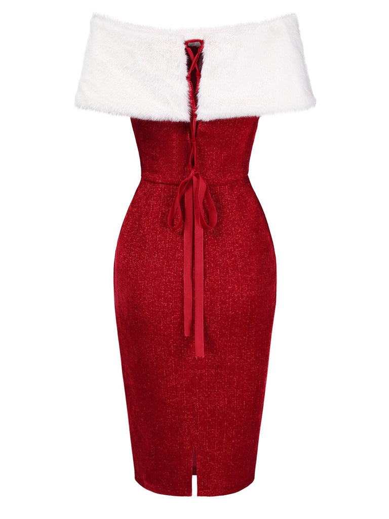 Abito in pelliccia sintetica con spalle scoperte rosso anni '60