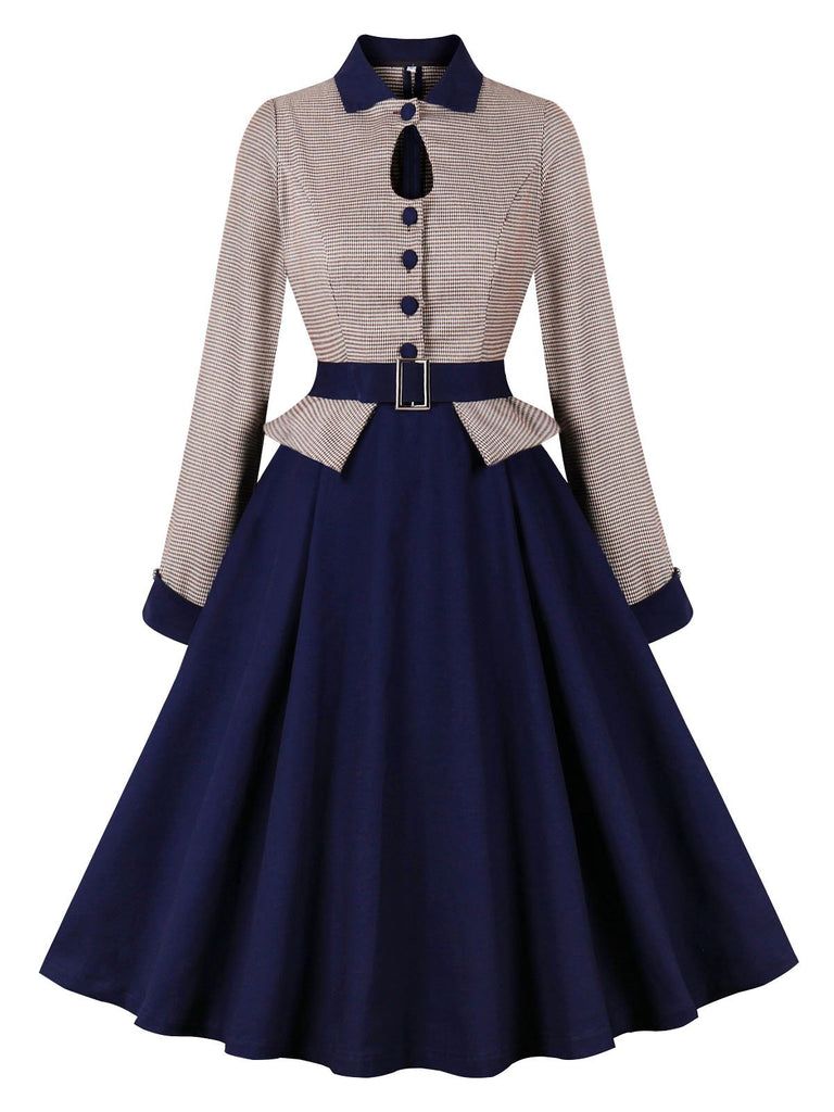 Abito pied de poule  con cintura patchwork blu scuro anni '50
