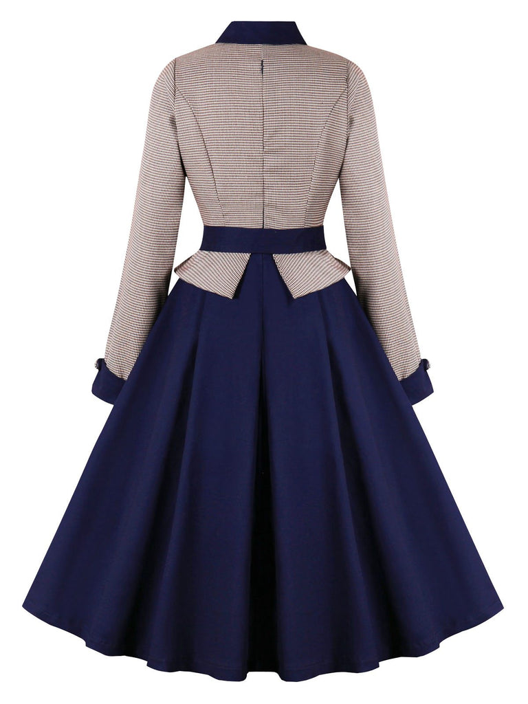 Abito pied de poule  con cintura patchwork blu scuro anni '50