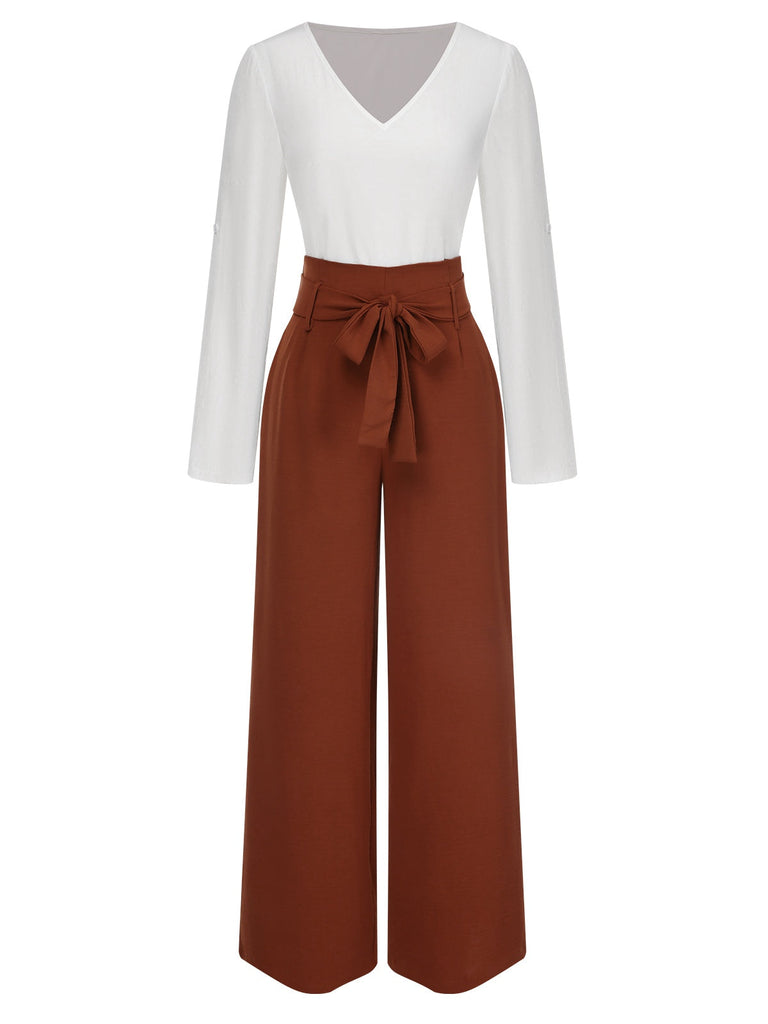 2PCS Top con scollo a V e pantaloni larghi anni '30