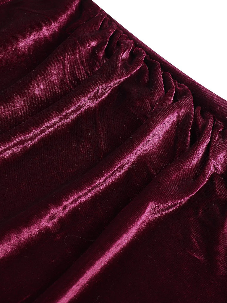 Abito avvolgente in velluto con scollo a V bordeaux anni '60