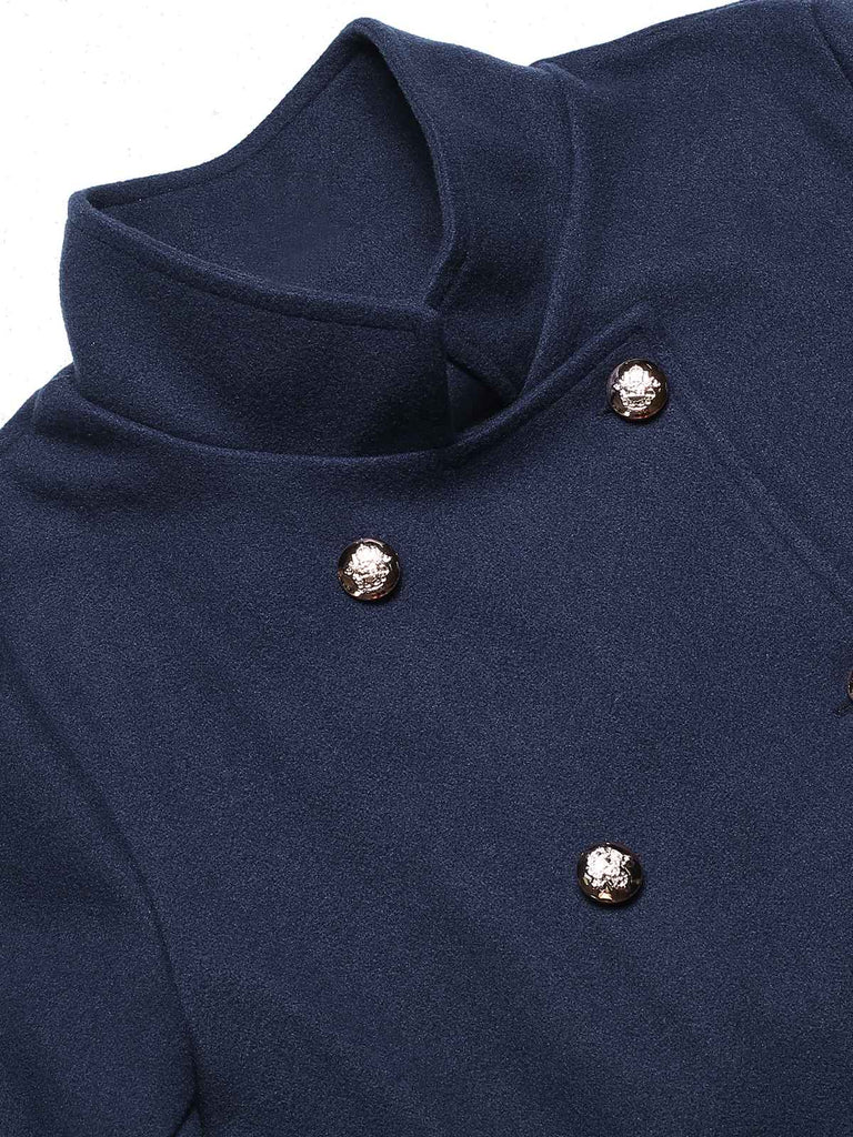 Cappotto doppiopetto con collo alto blu anni '40