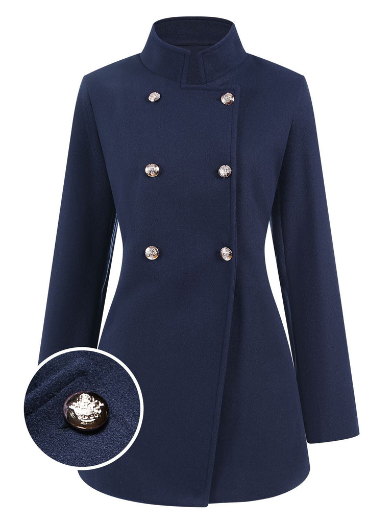 Cappotto doppiopetto con collo alto blu anni '40