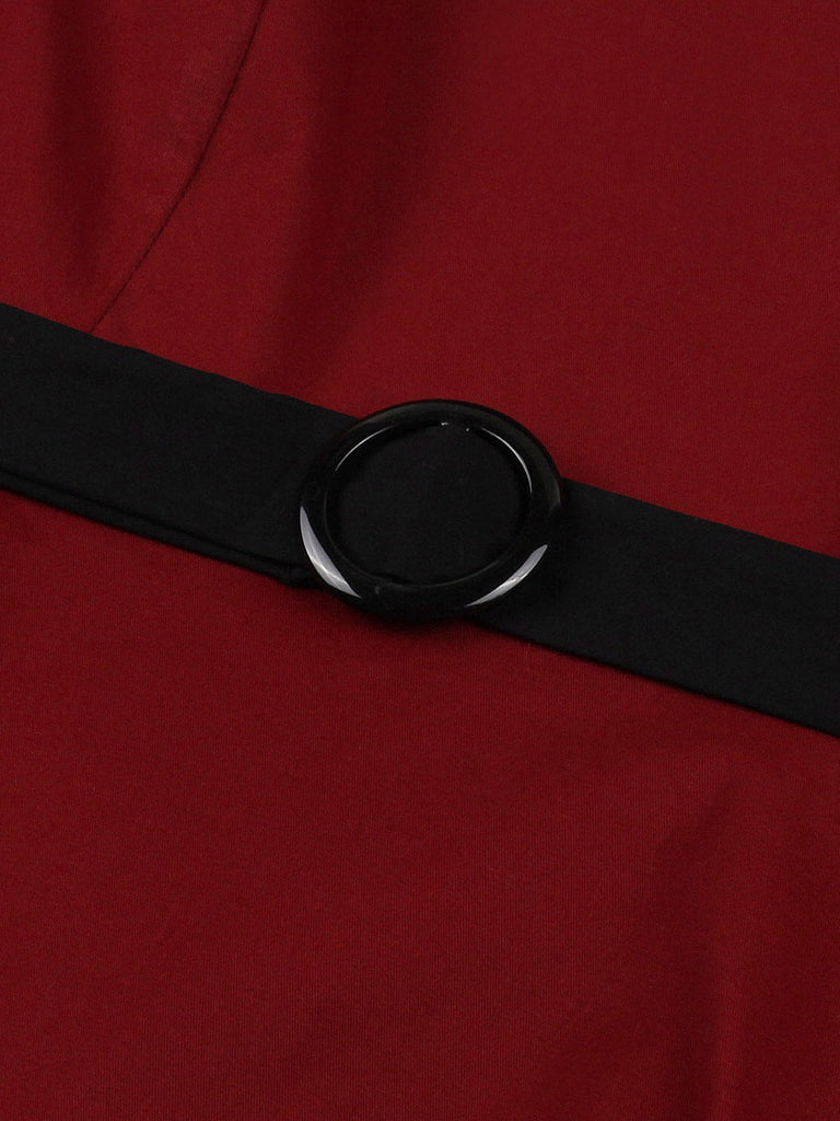 Abito contrasto con collo annodato patchwork bordeaux anni '50