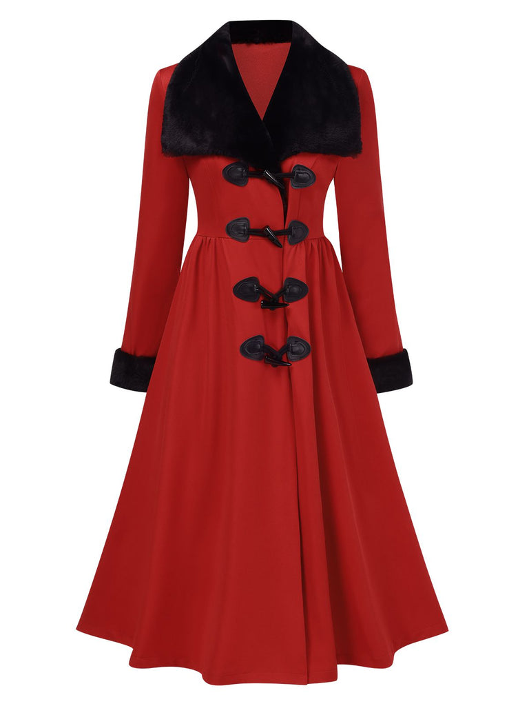 Cappotto con collo di pelliccia rosso e nero anni '50