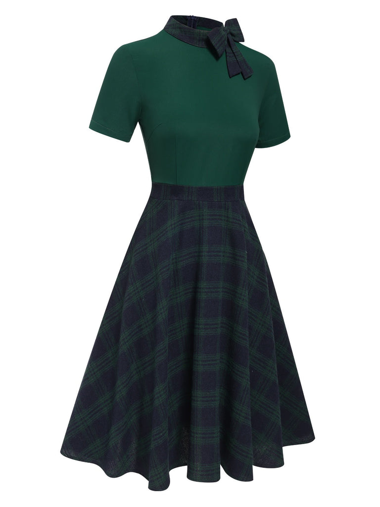 Abito patchwork plaid con collo annodato verde anni '50