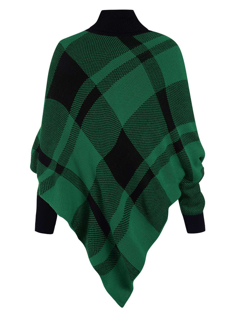Maglione poncho a maglia a quadri con collo alto anni '50