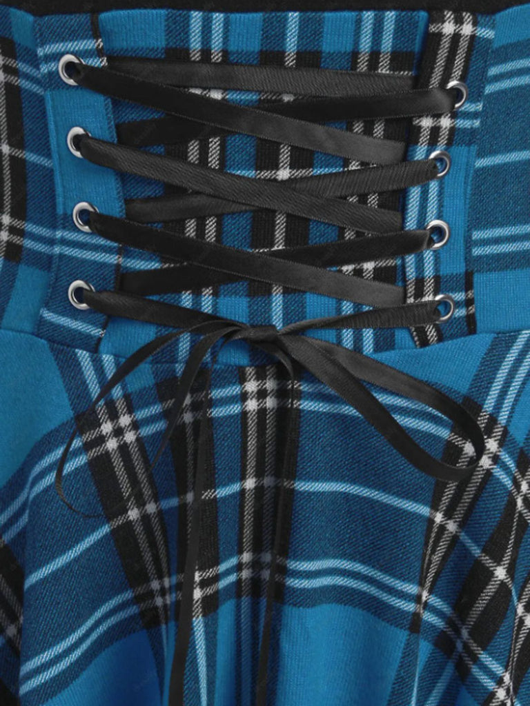 Abito a quadri patchwork con lacci blu anni '50