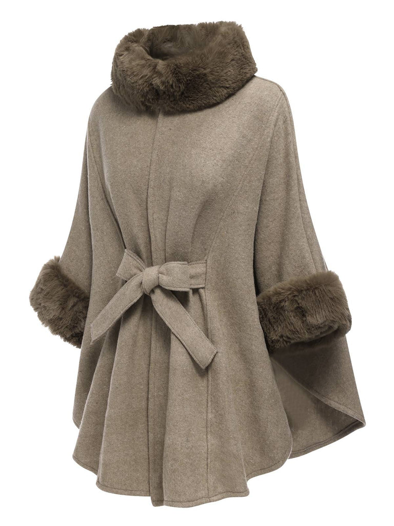 Cappotto a pipistrello con collo in pelliccia sintetica caffè anni '40