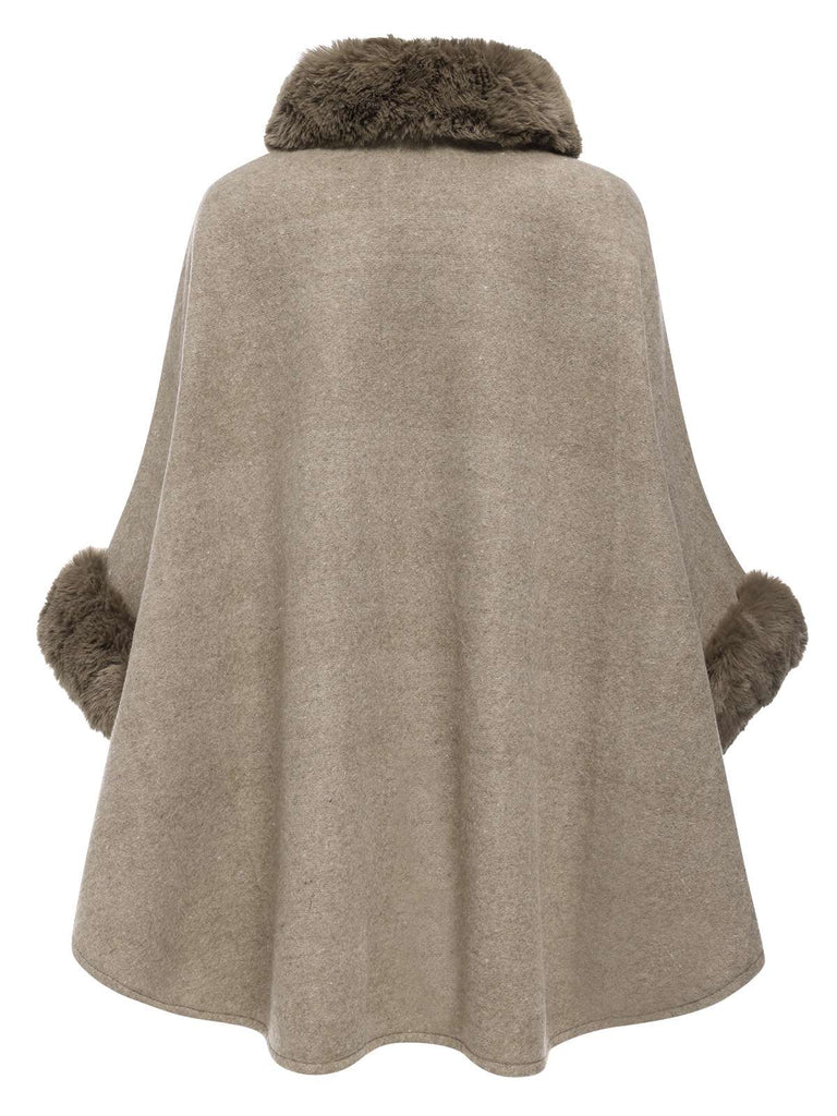 Cappotto a pipistrello con collo in pelliccia sintetica caffè anni '40
