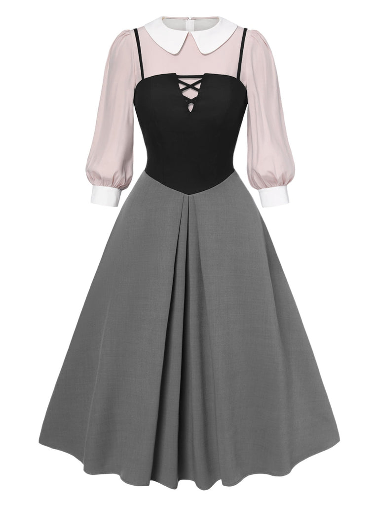 2PCS Camicetta rosa e abito grigio colorblock anni '40