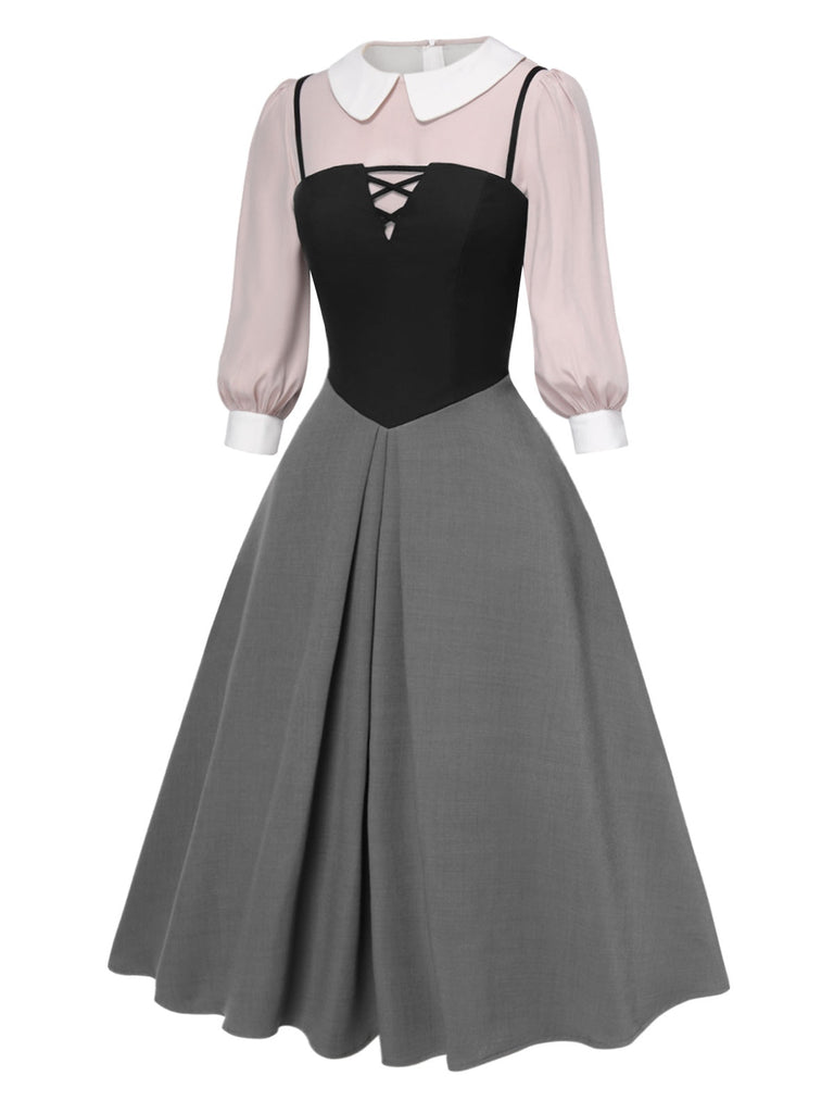 2PCS Camicetta rosa e abito grigio colorblock anni '40