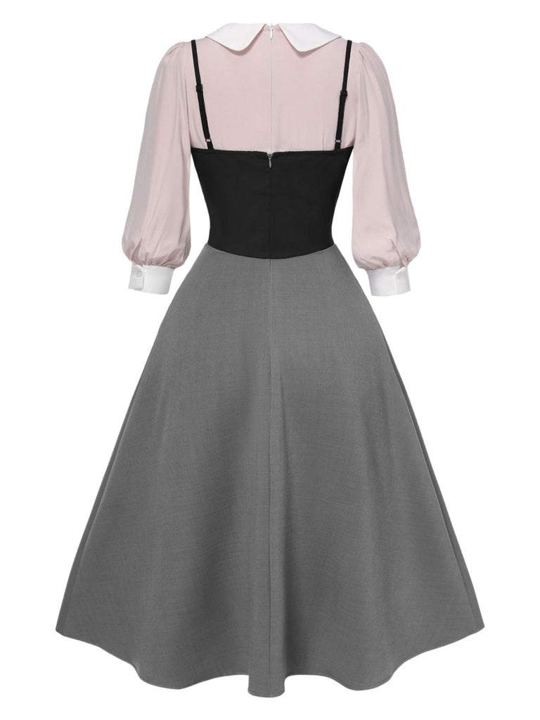 2PCS Camicetta rosa e abito grigio colorblock anni '40