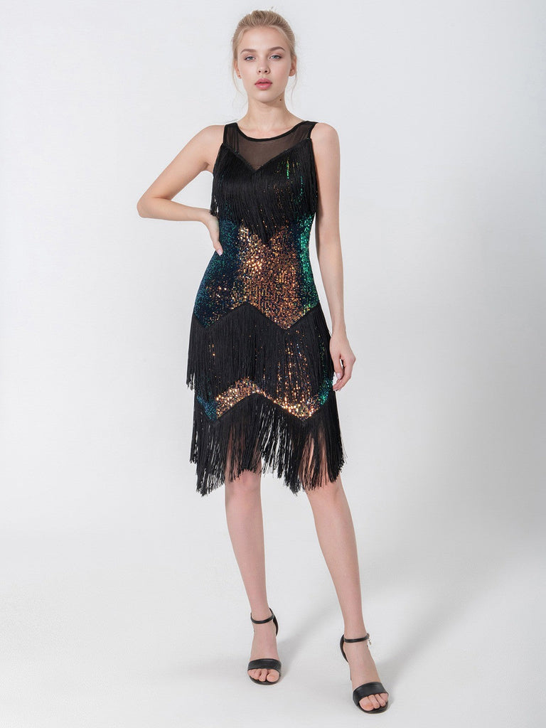 Abito con perline frange senza maniche nero anni '20