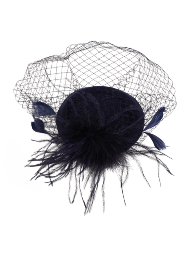 Cappello fascinator in finta piuma nero con velo