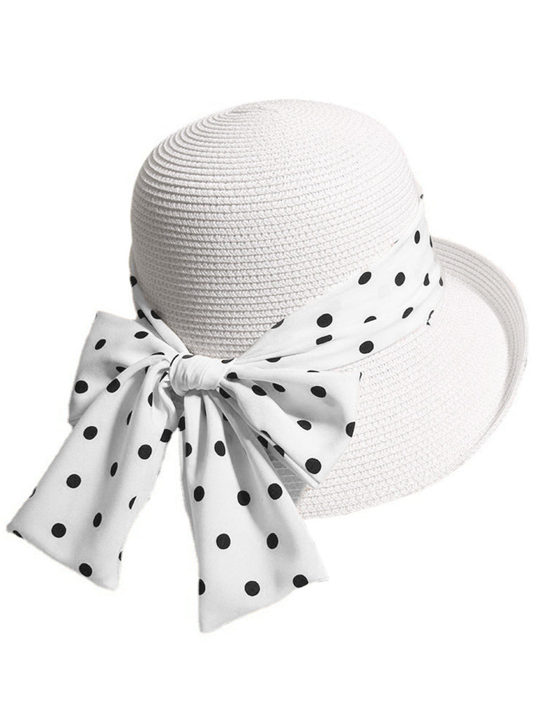 Cappello di paglia cachi con fiocco a pois