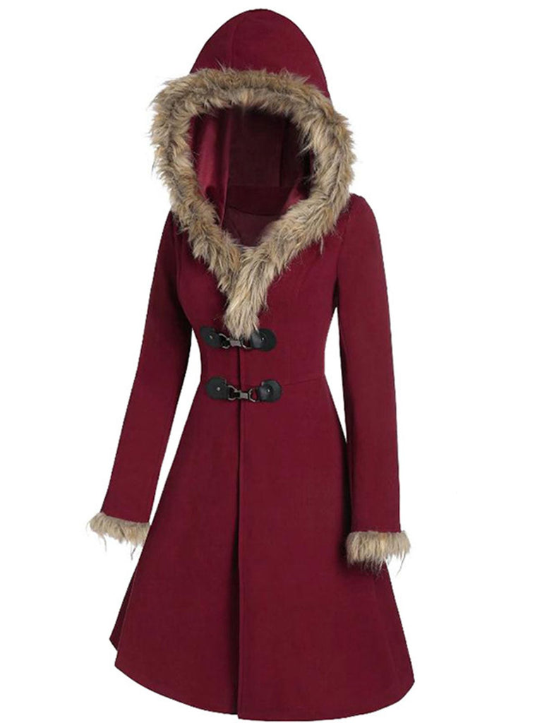 Cappotto con fibbia solida e rifiniture in pelliccia bordeaux anni '50