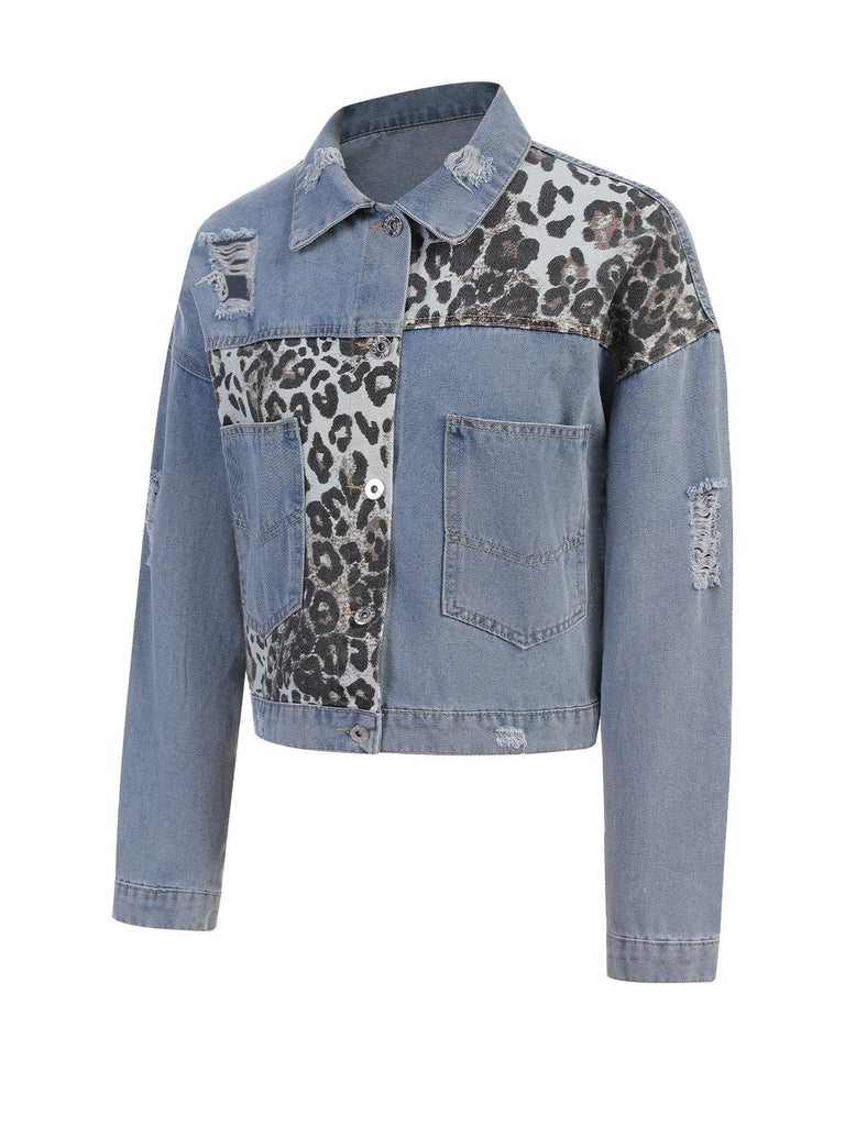 Giacca leopardata in denim patchwork blu anni '80