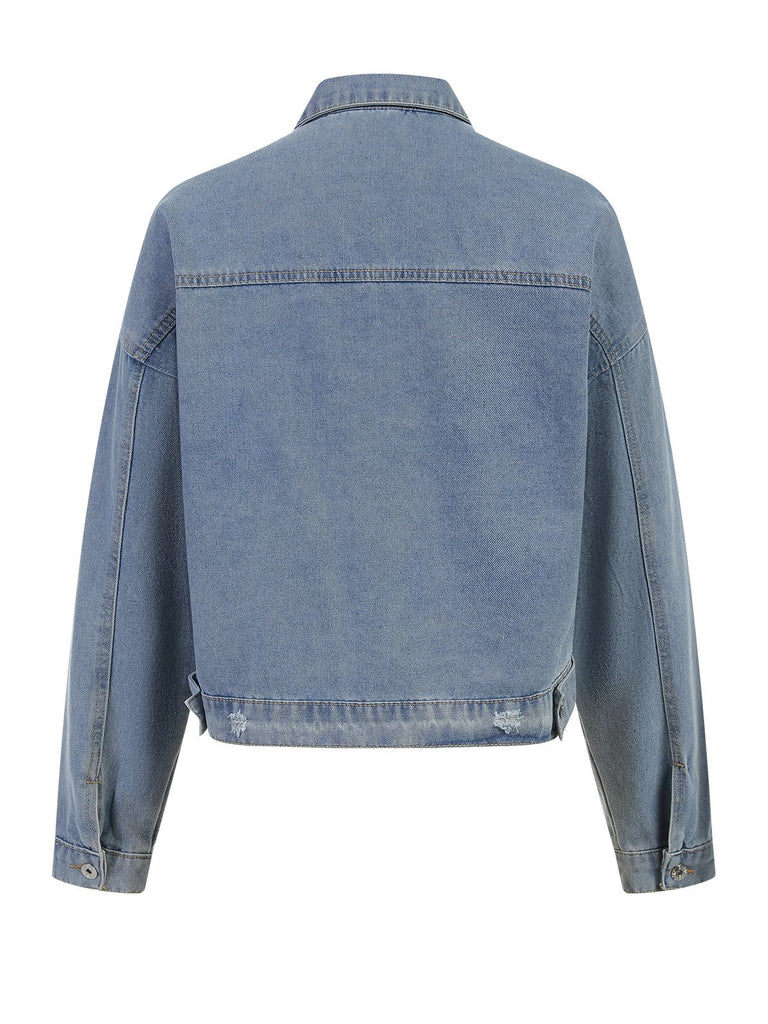 Giacca leopardata in denim patchwork blu anni '80