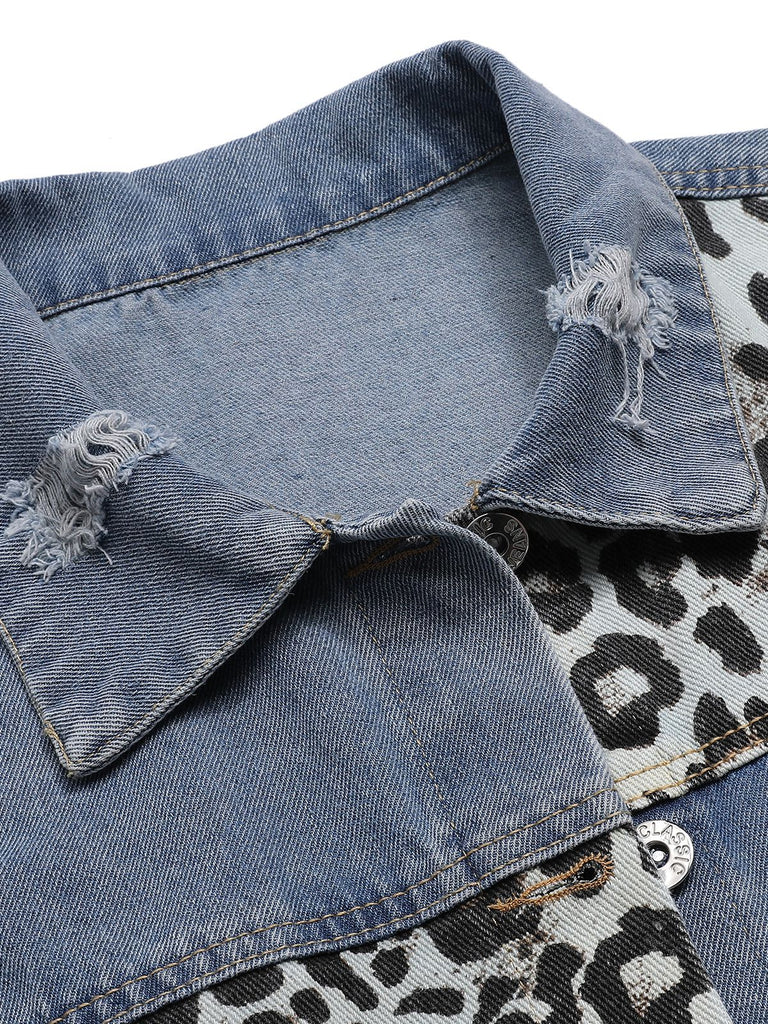 Giacca leopardata in denim patchwork blu anni '80