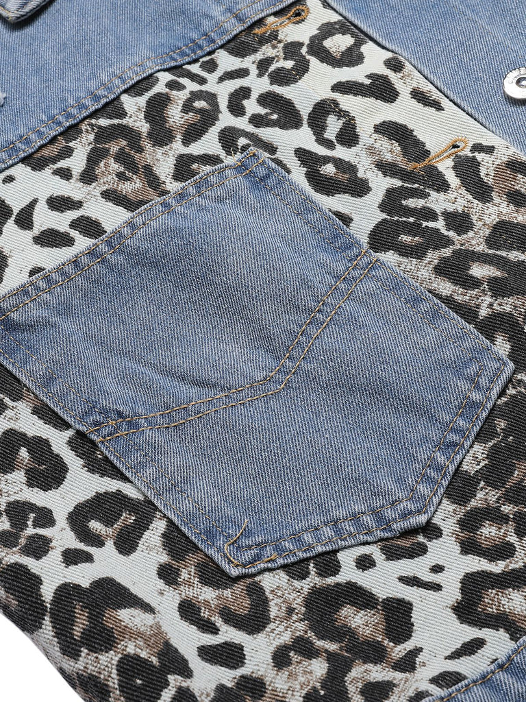Giacca leopardata in denim patchwork blu anni '80