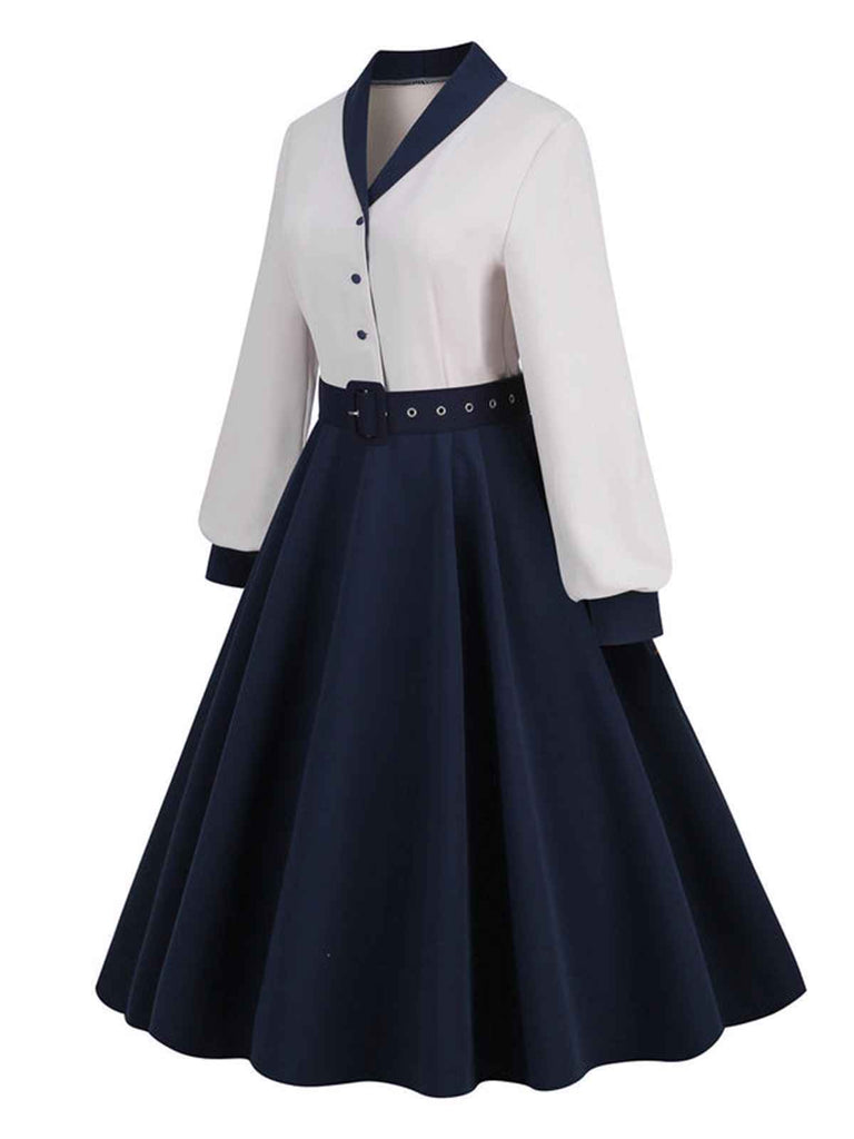 Abito patchwork con cintura blu e bianco anni '50