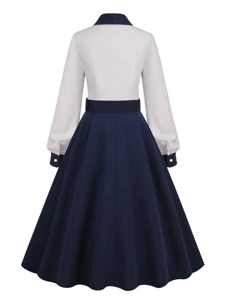 Abito patchwork con cintura blu e bianco anni '50