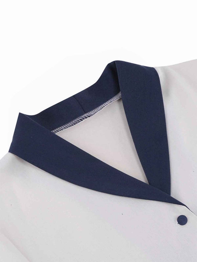 Abito patchwork con cintura blu e bianco anni '50